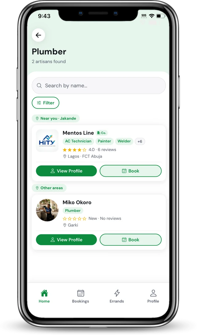 Plumbers listed by distance, with ratings, service areas and Book buttons