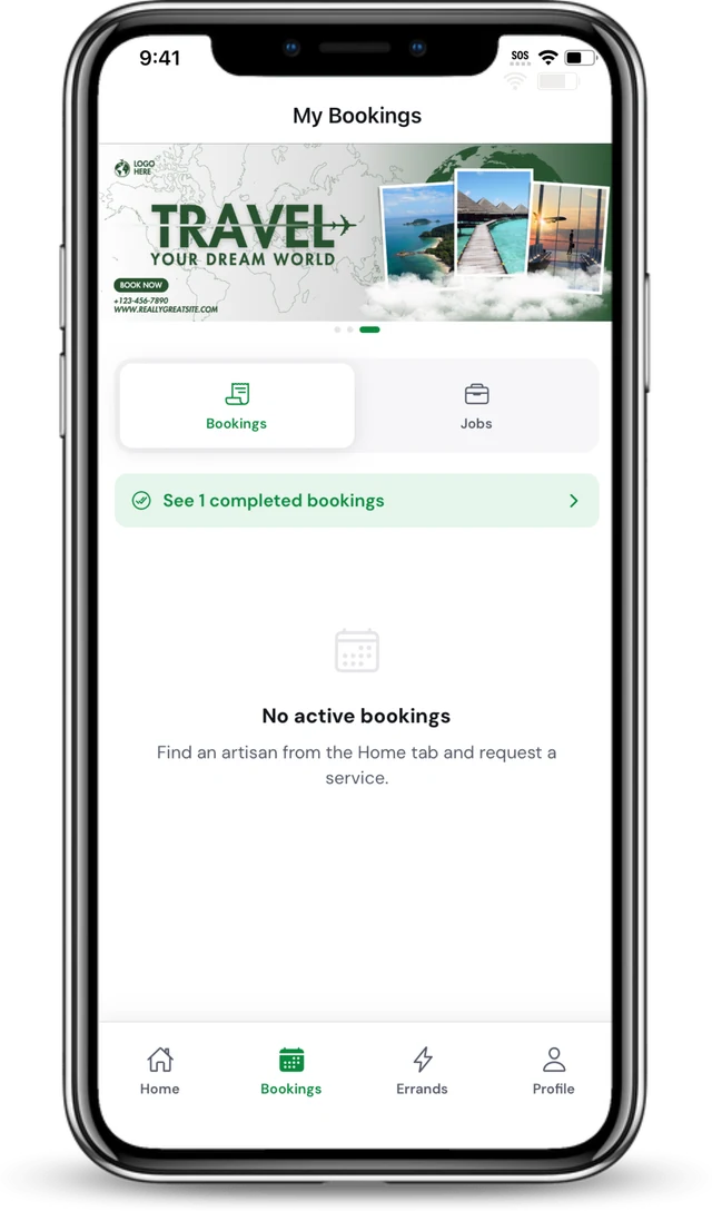 The My Bookings screen with bookings, jobs and completed bookings