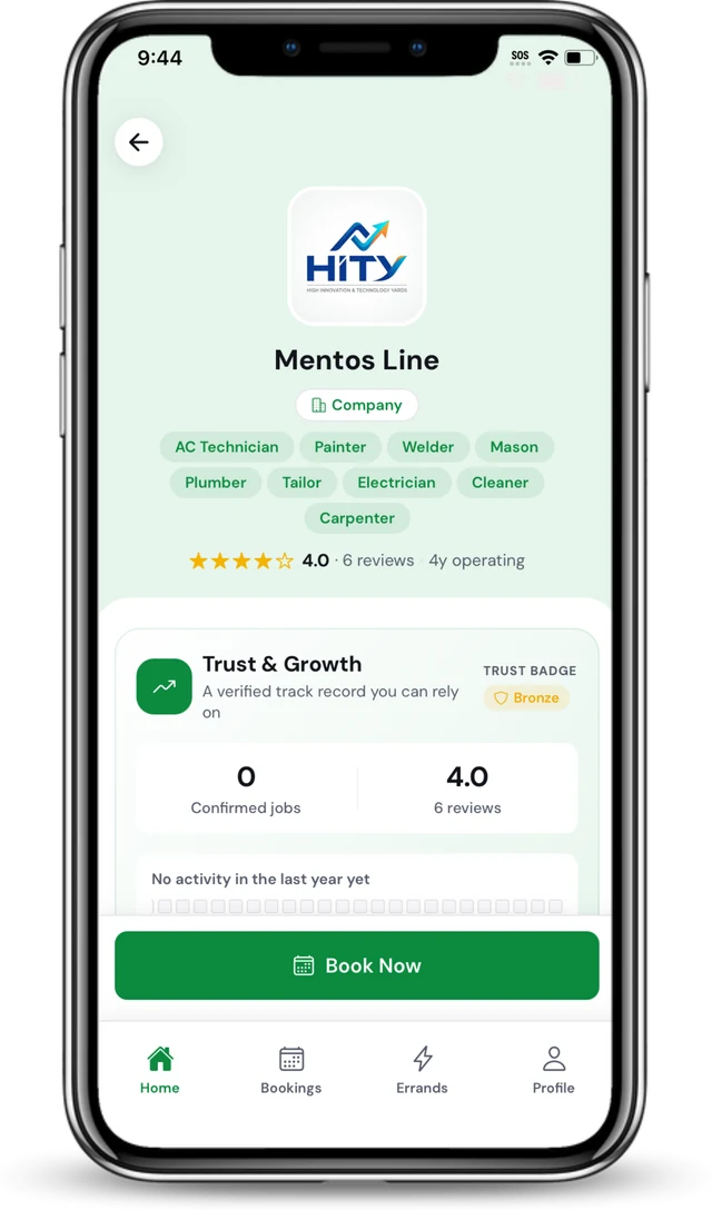 A company profile showing its services, rating, reviews and trust badge